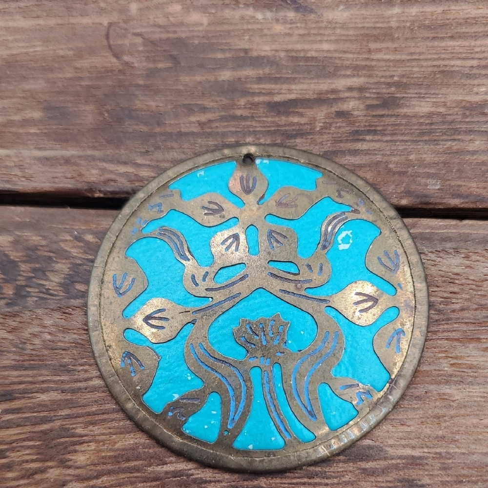 Vintage Brass Pendant with Turquoise Enamel Floral Motif P405